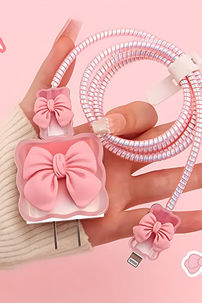 Fibaks 18W/20W Uyumlu Fiyonk Desenli Şarj Aleti Koruyucu Şarj Kablosu Örme Aparatlı Koruyucu Toparlayıcı