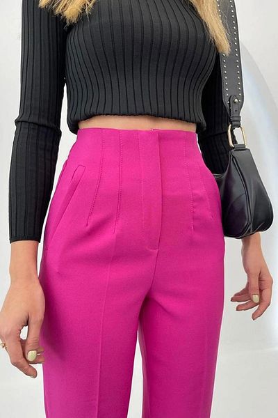 A&O Style Women's Fuchsia High Waist Carrot Model Fabric Trousers with Pockets on the Front
