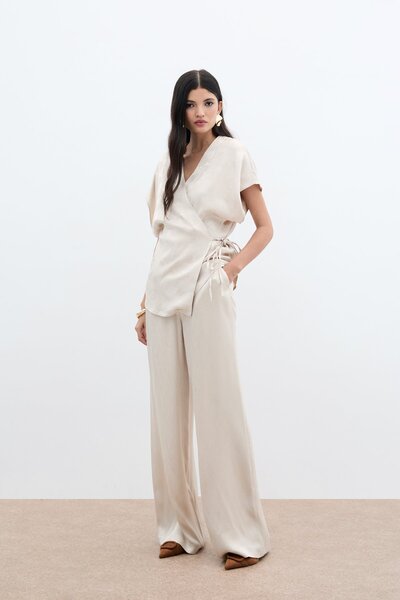 Sateen Cepli Bol Pantolon - Bej