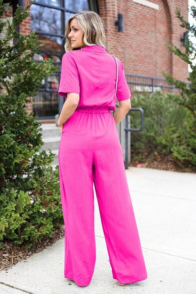 Toridas Linen Casual Fuchsia Jumpsuit