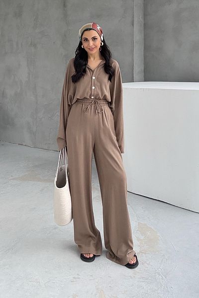 Seda Yalçın Atelier Brown Linen Polo Neck Shirt Pants Set