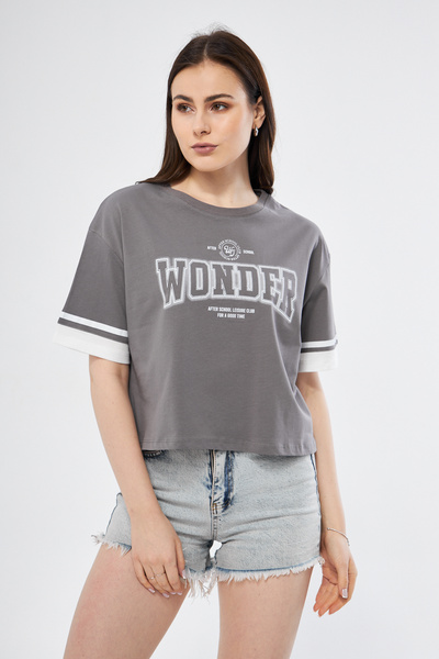 Kadın Wonder Baskı Desenli Kısa Kollu Organik Pamuklu Bisiklet Yaka Crop T-shirt