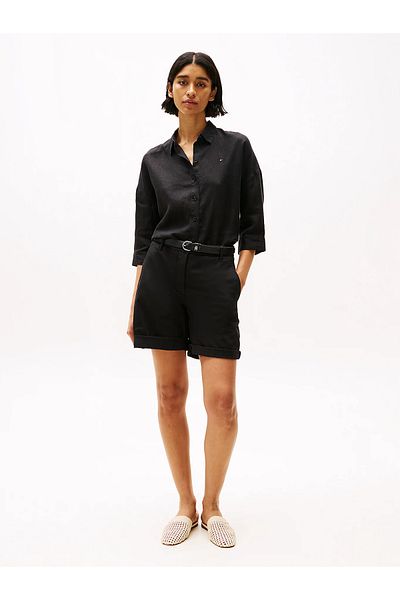 Tommy Hilfiger قميص نسائي قطني أسود بأكمام طويلة مخطط بإغلاق زر WW0WW46169-BDS