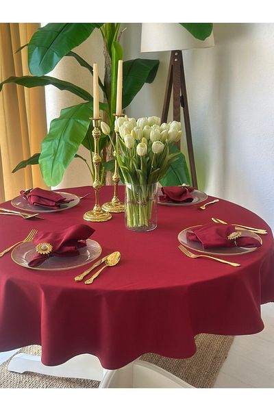 Decamor home Linen Fabric Claret Red Round Table Cloth Stain Resistant Water Repellent Feature Carefree