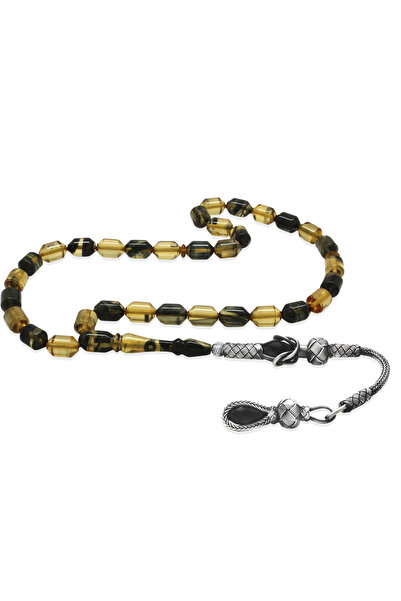 Tesbihane Ασημένιο 1000 καρατίων Καζάζ με φούντα και μύτη σε σχήμα κάψουλας, μαύρο-λευκό, κεχριμπαρένιο ροζάριο