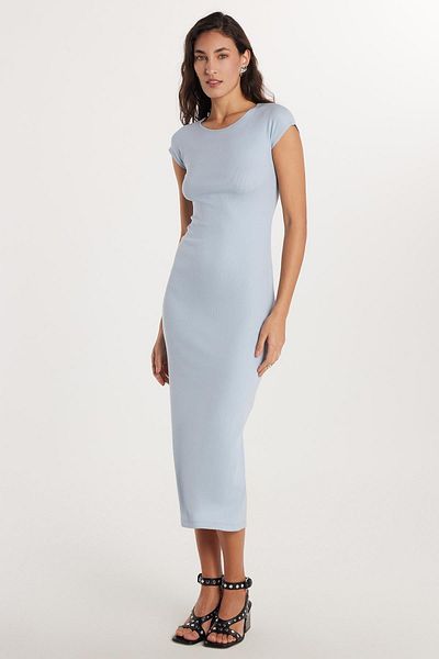Tudors Rochie albastră pentru femei, slim fit, cu mânecă scurtă, cu decolteu