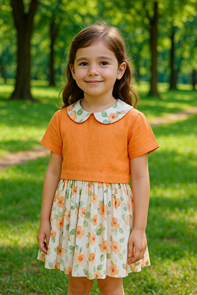 Hilal Akıncı Kids Costum din țesătură de in cu modele florale cu fustă plisată