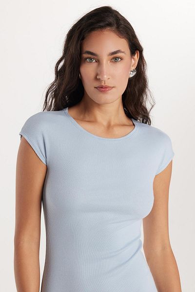 Tudors Rochie albastră pentru femei, slim fit, cu mânecă scurtă, cu decolteu