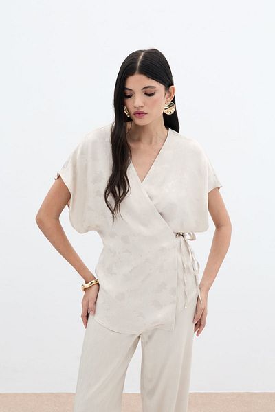 Sateen Tie-Up Jacquard Satin Blouse - Beige