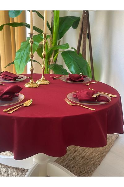 Decamor home Linen Fabric Claret Red Round Table Cloth Stain Resistant Water Repellent Feature Carefree