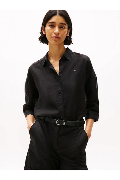 Tommy Hilfiger قميص نسائي قطني أسود بأكمام طويلة مخطط بإغلاق زر WW0WW46169-BDS