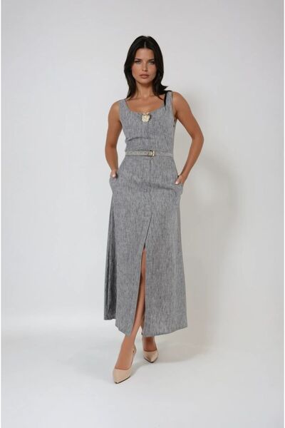 FABB فستان طويل بتفاصيل مشد الخصر باللون الرمادي