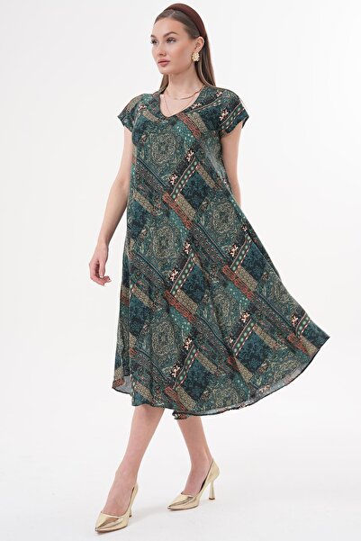 Siyezen V Yaka Etnik Desen Kloş Elbise