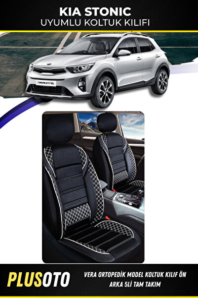 PlusOto مجموعة أغطية مقاعد السيارة باللونين الأبيض والأسود من سلسلة Vera المت...