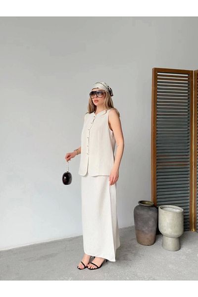 nedo7 Linen Sleeveless Cardigan Skirt Double Set - White
