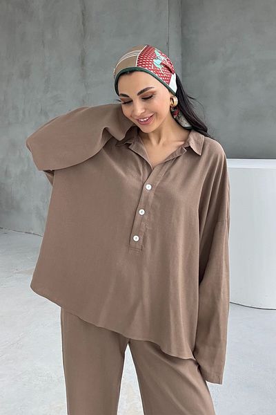 Seda Yalçın Atelier Brown Linen Polo Neck Shirt Pants Set