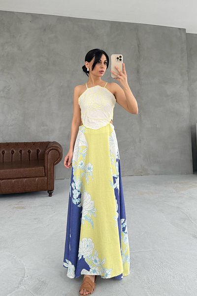 Seda Yalçın Atelier Yellow Colored Positano Linen Dress with Back Tie and Flower Print