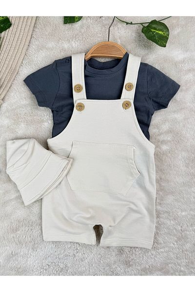 Minizade 3-Piece Set with Bucket Hat, 100% Cotton Fabric, T-Shirt and Slippers