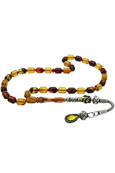 Tesbihane Ασημένιο 1000 καρατίων Καζάζ με φούντα στο τελείωμα, κομμένο σε κάψουλες, διαφανές μπαλα-μαύρο κεχριμπαρένιο ροζάριο