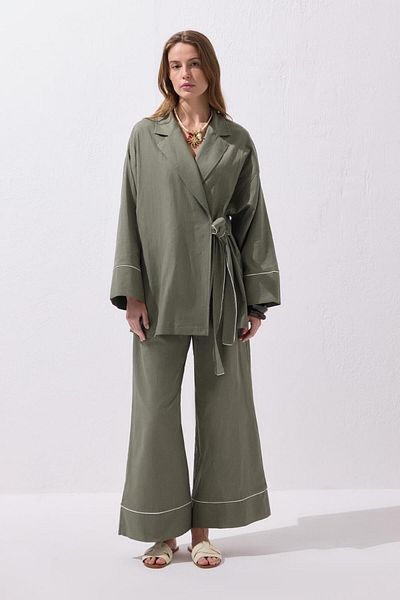 KADRİYE BAŞTÜRK Maria Bias Linen Jacket Trousers Suit Khaki Green