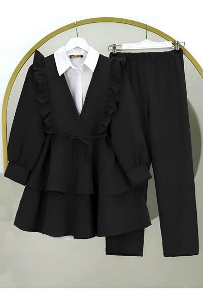 MACMODA Önü Fırfırlı Bağcıklı Eteği Katlı Pantolonlu Kimono Takım