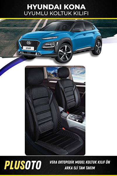 PlusOto مجموعة غطاء مقعد السيارة الأسود المتوافقة مع Hyundai Kona من سلسلة Ve...