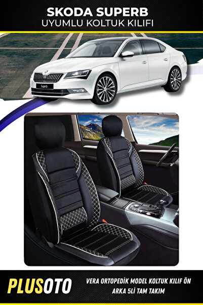 PlusOto مجموعة غطاء مقعد السيارة باللونين الأبيض والأسود من سلسلة Skoda Super...