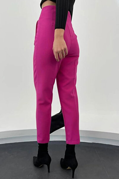 A&O Style Women's Fuchsia High Waist Carrot Model Fabric Trousers with Pockets on the Front