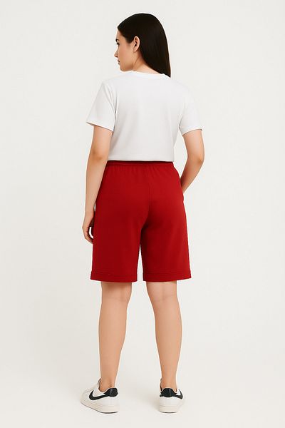 OXVİN Relax Return Combed Cotton Folded Leg Full Lycra Oversize Bermuda Women's Shorts Red