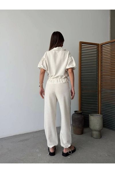 nedo7 Linen Full Zipper Short Sleeve Shirt Pants Double Set - White