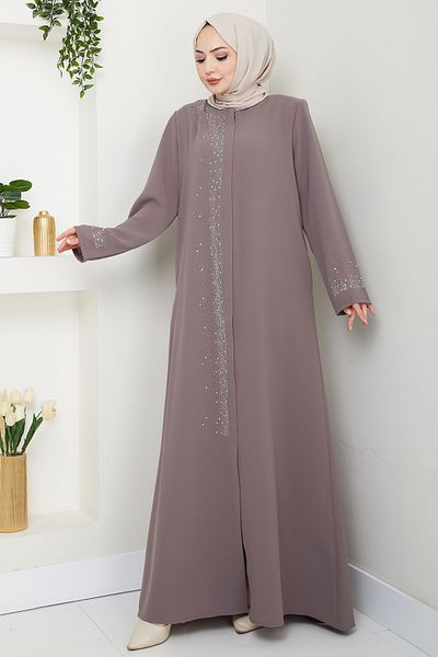 InStyle Milk Coffee Ferace with Stone Embroidered Right Part