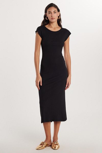 Tudors Γυναικείο Modal Fabric Slim Fit Slim Fit Κοντό μανίκι με λαιμόκοψη μαύρο φόρεμα