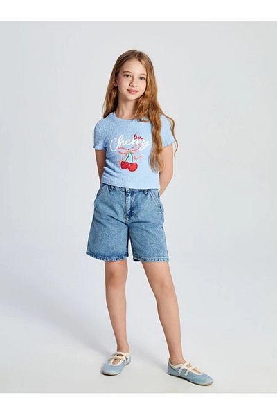 LC Waikiki Tricou Crop pentru copii LCW pentru fete, albastru, cu decolteu, imprimat cireș