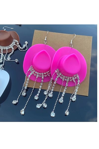 mos&more Pink Cowboy Hat Crystal Stone Dangle Lightweight Earrings for Women