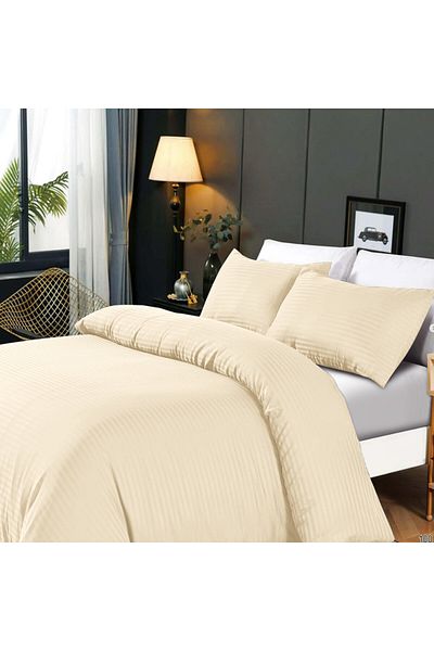 Hotel Linen Klub 3-Piece Duvet Cover Set, 100% Cotton Stripe Sateen Fabric, Cream