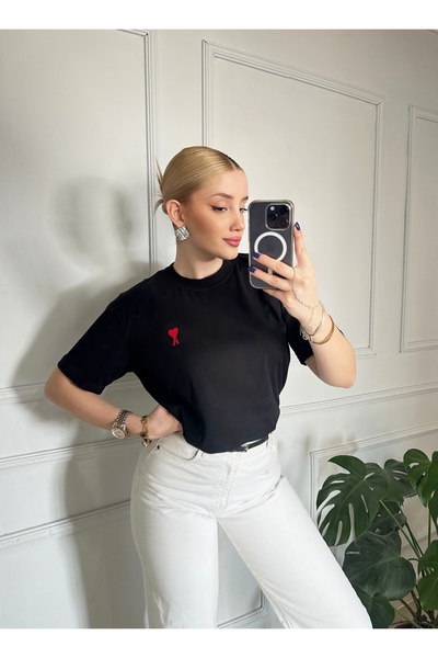 FİOXCO Unisex Κέντημα Καρδιά Λεπτομερές μπλουζάκι με λαιμόκοψη Oversize 100% βαμβάκι