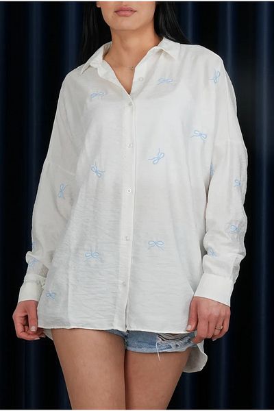 Stil Sepeti Women's White Oversize Bow Patterned Embroidered Shirt St- 1000714232