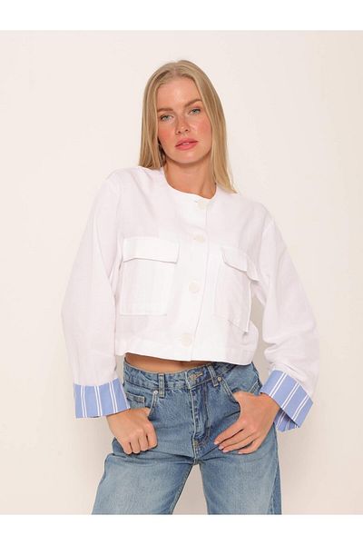 Coral Cuffed Striped Pocket Short Jacket Ecru