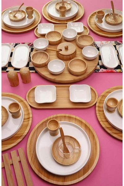 Atbyhome Aura 6-Person 61 Piece Natural Bamboo - Ceramic Breakfast Set – Breakfast Set Presentation Set