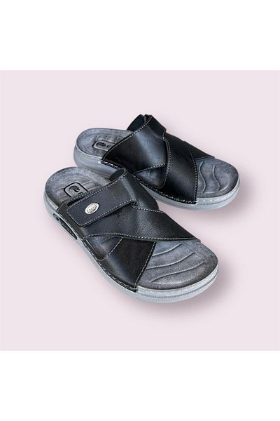 Enova Men's Black Gray Orthopedic Soft Sole Stitched Daily Home Beach Slippers