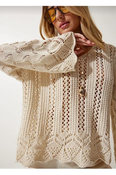 K-ODEA BUTİK Ecru Openwork Spanish Sleeve Seasonal Knitwear Sweater