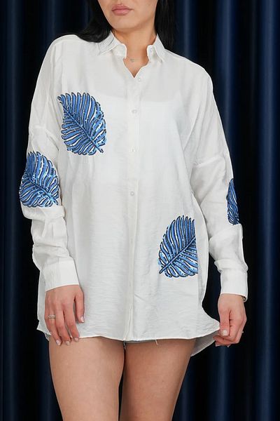 Stil Sepeti Women's White Oversize Leaf Patterned Sequin Detailed Shirt St- 1000714230