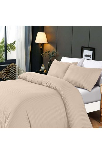Hotel Linen Klub 3-Piece Duvet Cover Set, 100% Cotton Stripe Sateen Fabric, Beige