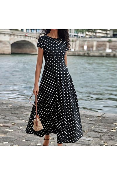 JANES Women's Polka Dot Short Sleeve Crew Neck Crepe Long Casual Dress