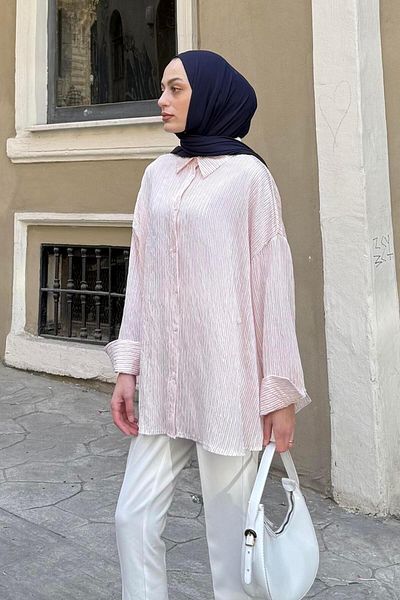 lamelif Λεπτομερές ριγέ πουκάμισο με κουμπιά Ρόδι Λουλούδι