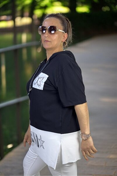 yagmurberen Hooded Mini Slit Butterfly Printed Large Size Bluz