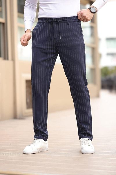 Afri Striped Fabric Navy Blue Jogger Pants