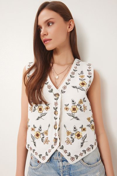 Lovelyİstanbul Floral Embroidered Linen Vest Cream Les0020