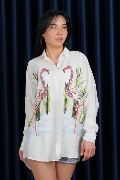 Stil Sepeti Cămașă albă oversize pentru femei, cu model flamingo, brodată cu paiete ST- 1000743