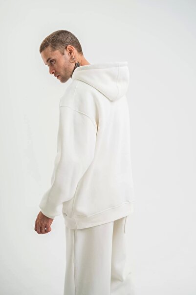 Butik Unisex Double Oversize Kapşonlu Basic Sweatshirt - Λευκό